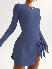 FWH Vestido deportivo para mujer, diseño clásico, cuello redondo, manga larga, lazo de cintura, silueta ajustada, cintura elástica y vuelo en A, acentúa la cintura, favorece las caderas, funcionalidad moderada, versátil y fácil de usar, transición perfecta del trabajo a la clase de yoga. - Azul - Ver 5