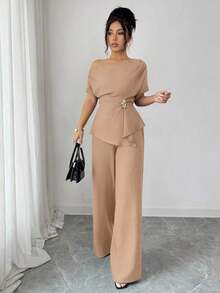 Elenzya Elegante conjunto de dos piezas de moda urbana para mujer, ideal para primavera/verano, con pantalones anchos de cintura alta con hebilla metálica asimétrica de un hombro en color azul marino, adecuado para uso diario, bodas, galas, ir al trabajo, fiestas de graduación, vacaciones, citas, fiestas, Halloween, Navidad, Año Nuevo, Acción de Gracias, bodas - Albaricoque - Ver 5