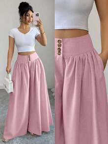 Nuevos pantalones anchos de mujer de estilo casual y elegante con diseño de hebilla floral, color caqui de lino, pantalones largos adecuados para el Día de Acción de Gracias, Halloween, primavera/verano - Rosa - Ver 8