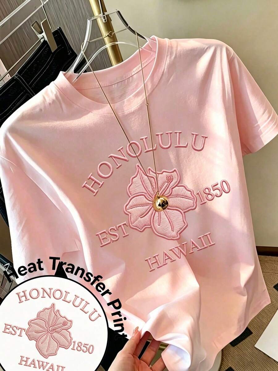 1pc Tween Girl Faux Embroidered Floral Print Short Sleeve T-Shirt, Student Young Children's Summer Top - Pink - View 1