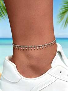 1 pieza Tobillera de cadena de plata minimalista, accesorio de playa para mujer, joyería de vacaciones - Plateado - Ver 1