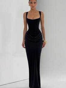 Vestido largo tirantes liso con hueso, manga larga ajustado casual estilo puro elegante mujer - Negro - Ver 3