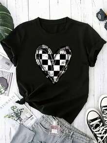 Camiseta de edición limitada para mujer, informal, con estampado de corazones en cuadros blancos y negros - Camiseta de manga corta, cuello redondo, ligera y transpirable, fácil de lavar, cómoda y elegante, adecuada para uso diario, con patrón de cuadros y tejido ligero de algodón. - Negro - Ver 1