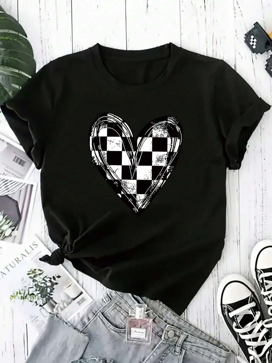 Camiseta de edición limitada para mujer, informal, con estampado de corazones en cuadros blancos y negros - Camiseta de manga corta, cuello redondo, ligera y transpirable, fácil de lavar, cómoda y elegante, adecuada para uso diario, con patrón de cuadros y tejido ligero de algodón. - Negro - Ver 1