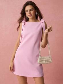 Vestido corto romántico para mujer de primavera y verano con lazo rosa sin mangas, dulce y elegante, adecuado para cumpleaños, fiestas, citas dulces, viajes diarios, vacaciones y temporada de graduación, ropa de verano para mujer, vestido elegante - Rosa - Ver 4