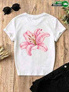 Camiseta para mujer de poliéster en color blanco con estampado de lirio rosa en la espalda – casual y de uso diario, envío nacional en México100% Cotton - Blanco - Ver 6