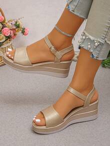 Damen Sommer Neue Plateau Sandalen mit Schlangenmuster, goldene vielseitige Keilsandalen mit Riemen - Gold - Übersicht 2