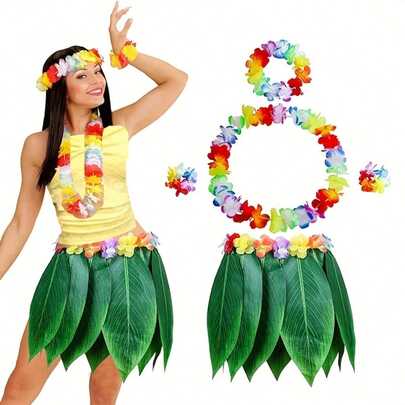 4/5pcs Hawaiian Tropical Leaf Skirt Set - Perfect For Costume Parties, Adult Hawaiian Themed Parties, Summer Parties, Birthday Parties And Halloween