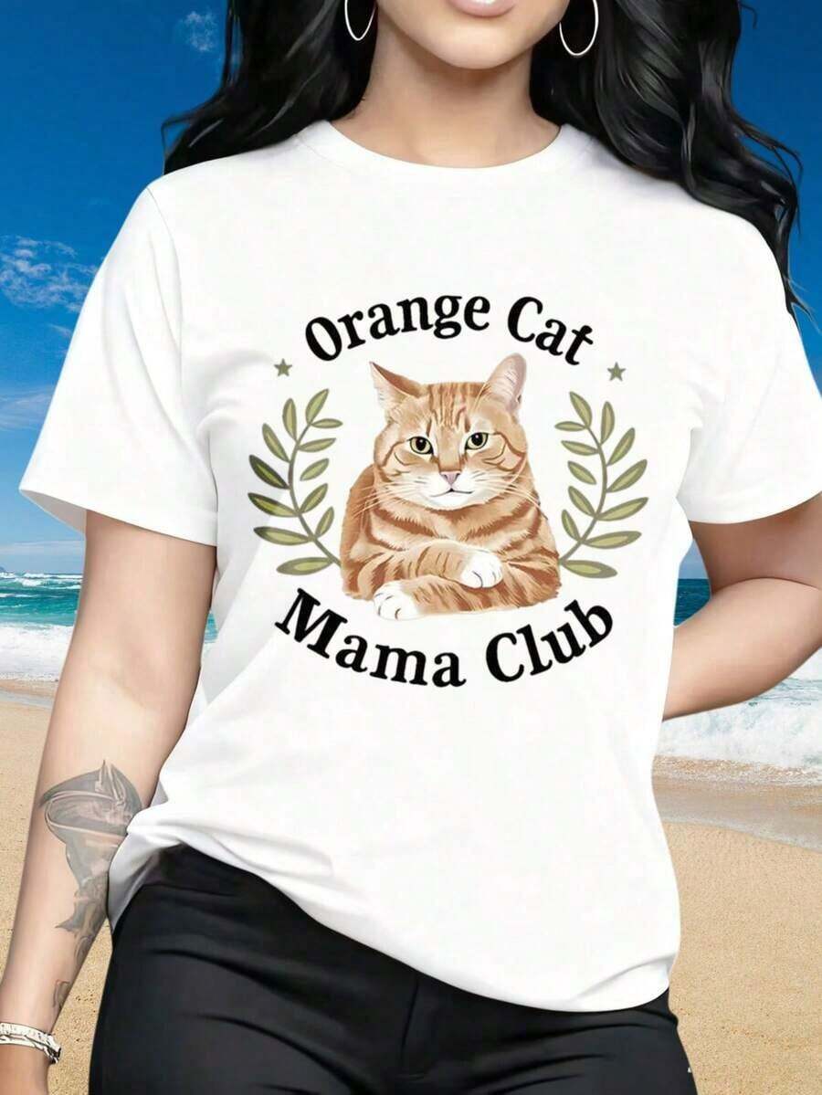 Camiseta de manga corta con cuello redondo para mujer, camiseta negra con diseño gráfico de gato naranja para amantes de los gatos y dueños de mascotas. Los estampados divertidos son adecuados para el Día de San Valentín, fiestas de Navidad, actividades deportivas, fiestas de vacaciones, salidas, deportes y otros regalos festivos (220g). - Blanco - Ver 1