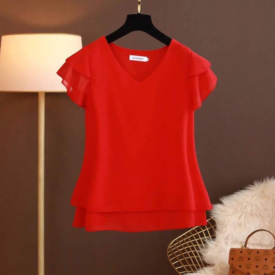 2026 nueva blusa de verano para mujer, camisa holgada de gasa con cuello en V, blusa de manga corta para mujer, camisas de gran tamaño, tops y blusas para mujer - Rojo - Ver 1