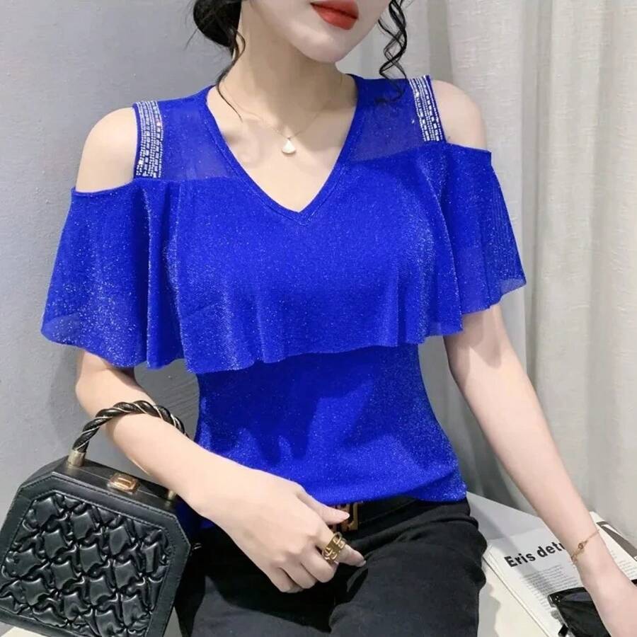 Camiseta negra de verano para mujer, con hombros descubiertos, sexy, con diamantes, informal, estilo Y2K, cuello en V, con volantes, ropa de calle para mujer. - Azul - Ver 1