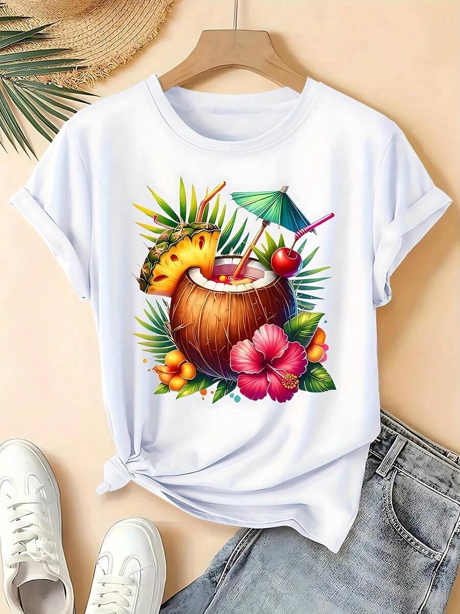 Gift: Women's 100% Cotton Black T-Shirt With Colorful Tropical Cocktail Print Featuring Coconut, Pineapple, And Hibiscus Flower. Casual Summer Beach Style, Comfortable And Breathable. Soft - 白色的 - 查看 1