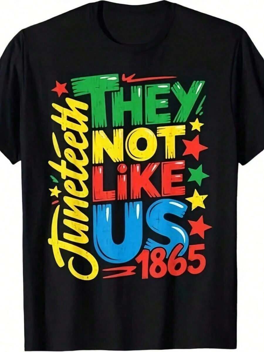Women Juneteenth 1865 Month-Shirt Graphic Tee With They Not Like Us Slogan Vibrant Retro Print Comfortable Casual Short Sleeve All-Season Round Neck Top - 黑色 - 查看 1