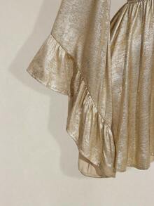 Vestido corto elegante de manga larga con cuello en V y cintura ceñida de unicolor para mujer - Dorado - Ver 7