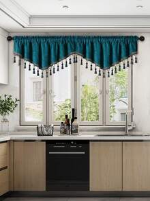1pc Peacock Blue Curtain, Vintage Chenille V-Shaped Tassel Valance, Suitable For Window And Door Decor - Peacock Blue-v - View 11