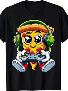 Camiseta Unisex Divertida para Gamers, Amantes de la Pizza y Videojuegos, Regalo para Amantes de la Comida, Camiseta Estampada de Manga Corta para Verano 2025, 100% Algodón, 220g - Negro - Ver 1