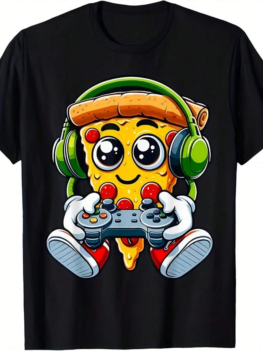 Camiseta Unisex Divertida para Gamers, Amantes de la Pizza y Videojuegos, Regalo para Amantes de la Comida, Camiseta Estampada de Manga Corta para Verano 2025, 100% Algodón, 220g - Negro - Ver 1