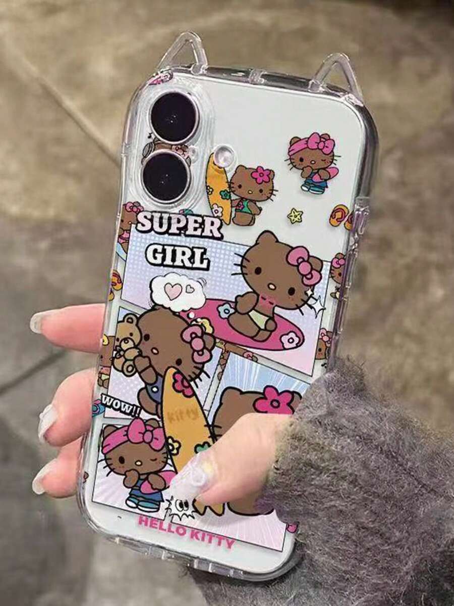 SANRIO 1个纤细腰身猫耳 - 棕色划船KT猫手机壳，适用于苹果手机，兼容11-17pm - 棕色 - 查看 1