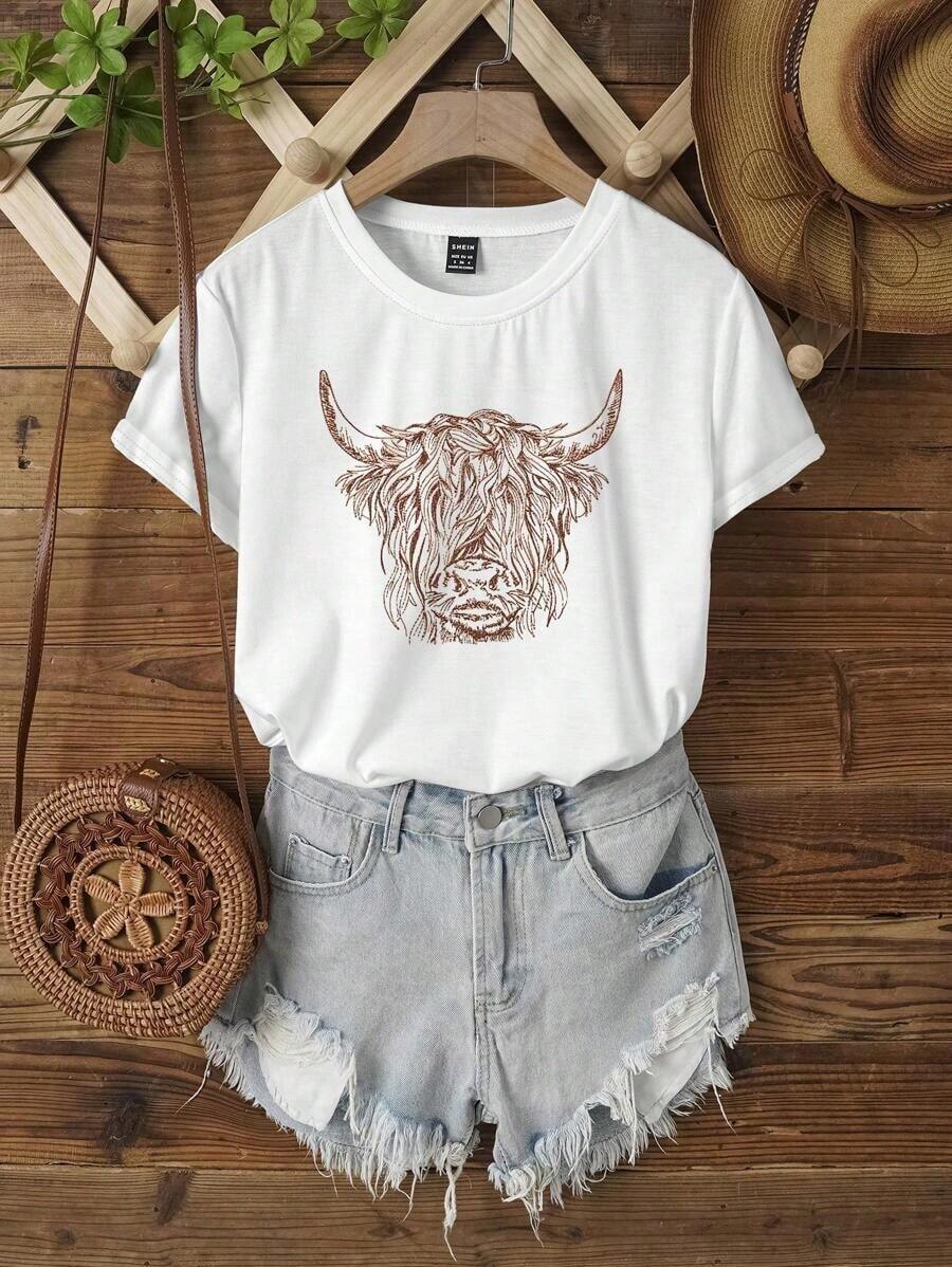 Camiseta estampada con vaca de las tierras altas de aspecto despeinado y alegre, camiseta suelta y casual de cuello redondo y manga corta para mujer, prenda de vestir con diseño de animal de granja del oeste-Vintage Street Style Unisex Loose Cotton Short Sleeve Crew Neck T-Shirt Ropa deportiva estilo Y2K, cuello redondo, 100% algodón, tejido suave, manga corta. - Blanco - Ver 1