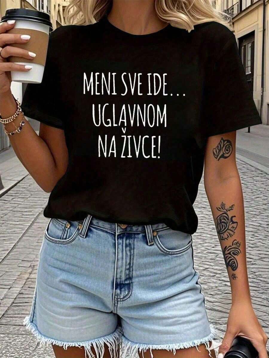 1 pieza de camiseta para mujer con estampado de letras "Meni Sve Ide" en croata - Camiseta con frase en croata, manga corta, cuello redondo, blusa casual para primavera y verano, ropa informal con temática croata o para eventos con temática croata, 180g 100% algodón. - Negro - Ver 1