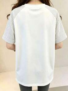 Camiseta de cuello redondo holgada con bordado de letra NY en negro, top casual de verano; Camiseta casual de manga corta gris claro, diseño elegante y cómodo, camiseta casual para exteriores - Blanco 2 - Ver 2