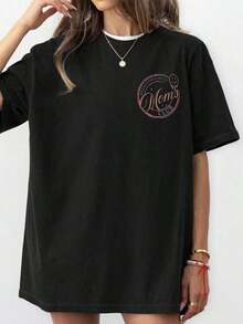 Camisetas de verano para mujer con estampado gráfico 'Mom Club', cuello redondo, manga corta, estilo casual sencillo para uso diario, en color negro, tallas grandes. Camisetas con estampado gráfico para el cumpleaños de mamá, estampados divertidos para mamá, ropa de verano para mujer, camisetas de verano con estampados de rostro y letras. - Negro - Ver 3