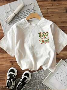 Women's Loose-Fitting Short-Sleeved T-Shirt, Breathable And Comfortable, Made Of Soft Pure Cotton With A Round Neck, White With A Cottagecore Strawberry Graphic Print, Casual Summer T-Shirt For Everyday Wear In All Seasons. - 白色 - 查看 2
