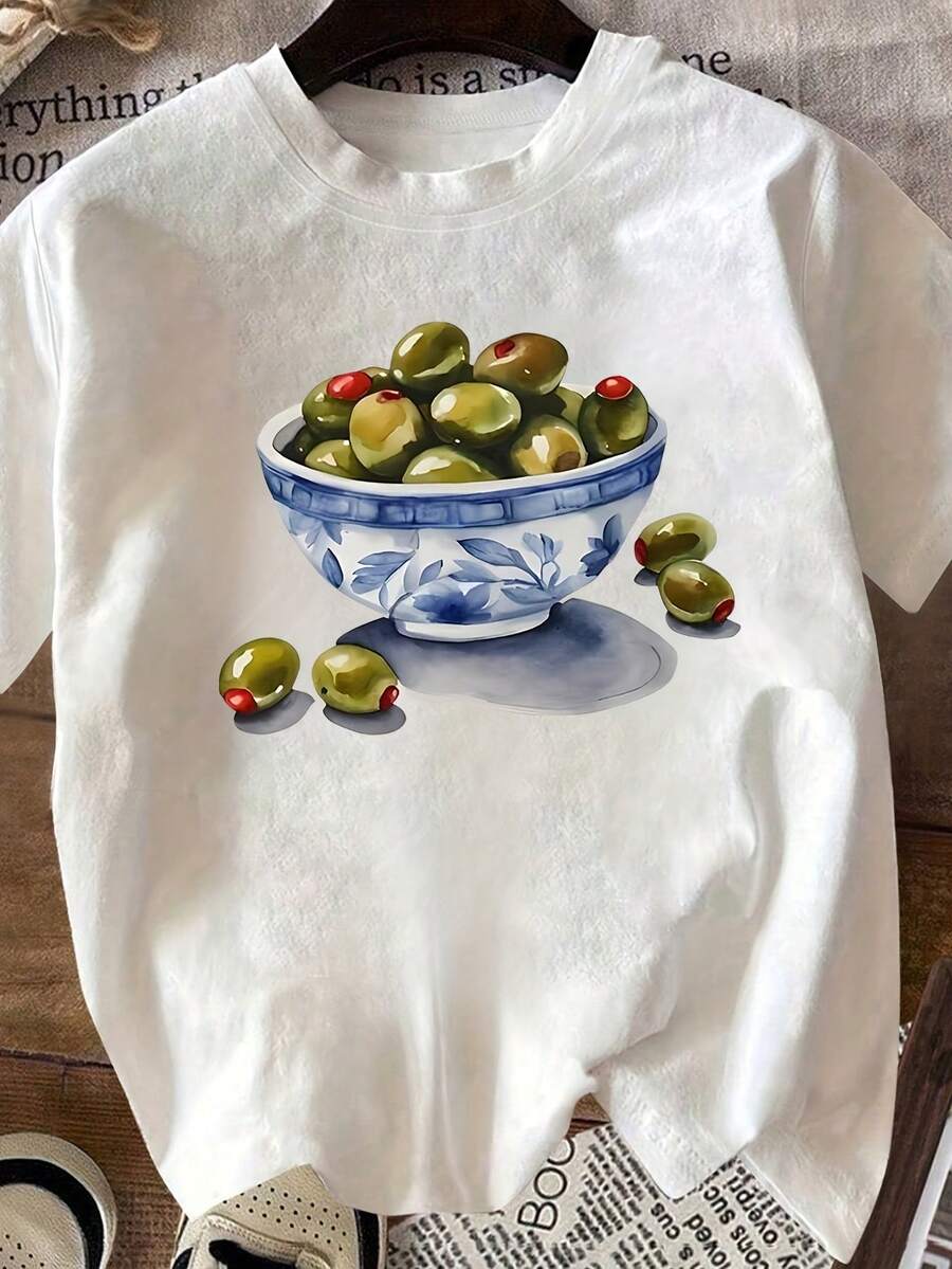 Women's Casual Short-Sleeved T-Shirt With A Blue Bowl And Watercolor Design, Made From A Lightweight, Breathable, Machine-Washable Fabric. Perfect For Any Season, Pure Cotton Short Sleeves. - 白色 - 查看 1