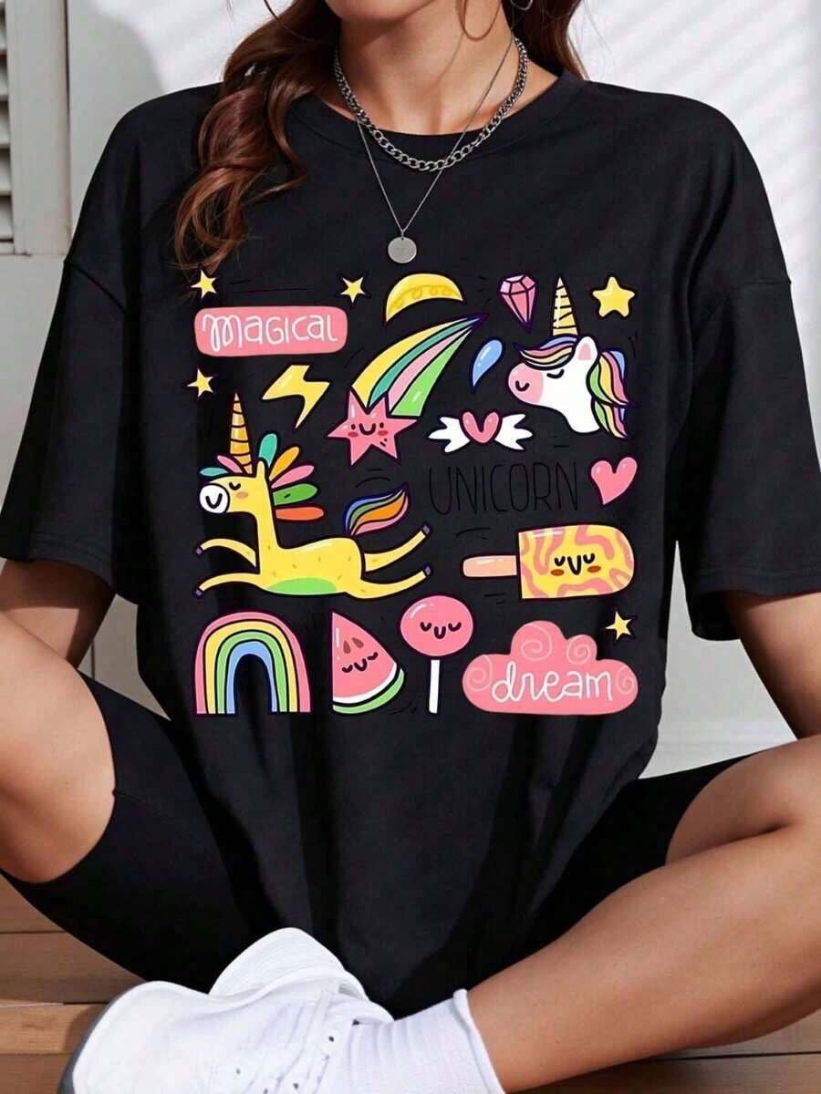 White Unicorn T-Shirt With Magical Rainbow And Dream Print, Women's Summer Casual Clothing, Maija, Elegant Short Sleeve For Women. - 黑色 - 查看 1