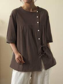 Plus Size Women's Solid Color Round Neck Casual Versatile Daily Wear Shirt Summer - Coffee Brown - View 2