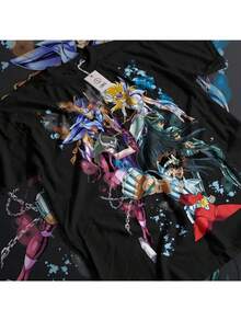 Men's Anime T-Shirt Saint Seiya Knights Of The Zodiac - Hyoga And Shun In Full Body Action Poses With Manga Art, Iconic Print, Casual Streetwear For Everyday Wear And (All Sizes S-XXXL) Loose And Comfortable For Summer. - Black - View 6