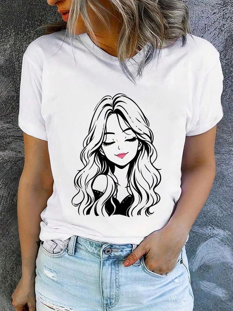 1 Women's Summer Short Sleeve T-Shirt With Print, Modern And Casual, Machine Washable, Comfortable Fit, 2D Flat Print, 180g, 100% Cotton. - 白色_02 - 查看 1