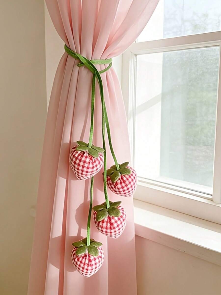 Adorable Strawberry Curtain Tiebacks Suitable For Rooms, & Country Decor - Rustic Farmhouse Curtain Ties With Strawberry, Window Holders For Blinds/Curtains - A - View 1