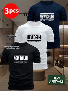 Single Item, Not A 3-Piece Set. Set Of 1 T-Shirt With New Delhi City Print - Casual Short Sleeve Crew Neck T-Shirts With Delhi Landmarks And Lettering, Comfortable Slim Fit Suitable For Daily Wear, Travel Souvenir Gift, Urban Style, Machine Washable - 黑色 - 查看 1
