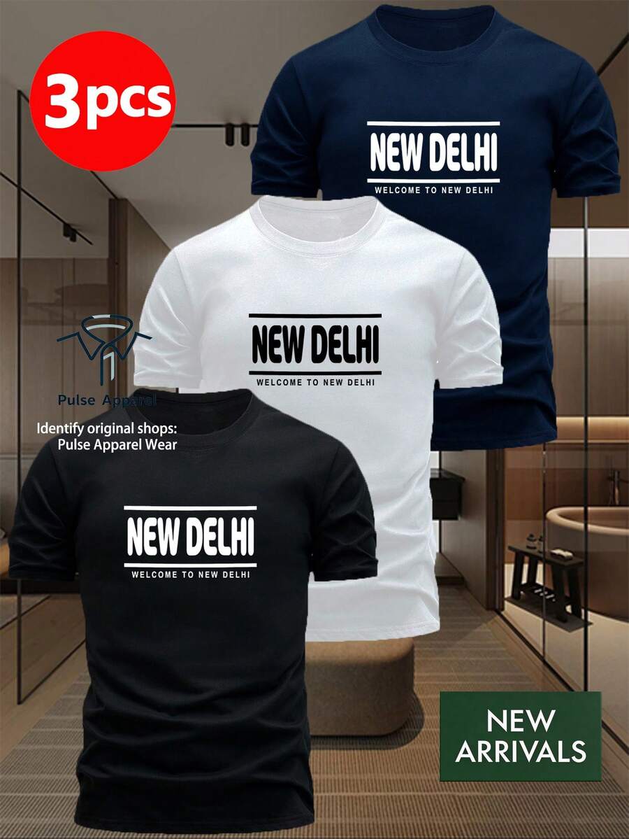 Single Item, Not A 3-Piece Set. Set Of 1 T-Shirt With New Delhi City Print - Casual Short Sleeve Crew Neck T-Shirts With Delhi Landmarks And Lettering, Comfortable Slim Fit Suitable For Daily Wear, Travel Souvenir Gift, Urban Style, Machine Washable - 黑色 - 查看 1