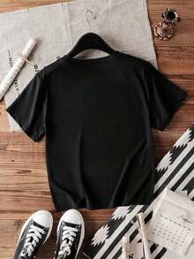 Women's Fitted Crew Neck T-Shirt With Vintage English Rock And Roll Slogan Print, Suitable For Music Lovers, Country Music Fans, Everyday Casual Wear, Summer Black - 黑色 - 查看 2