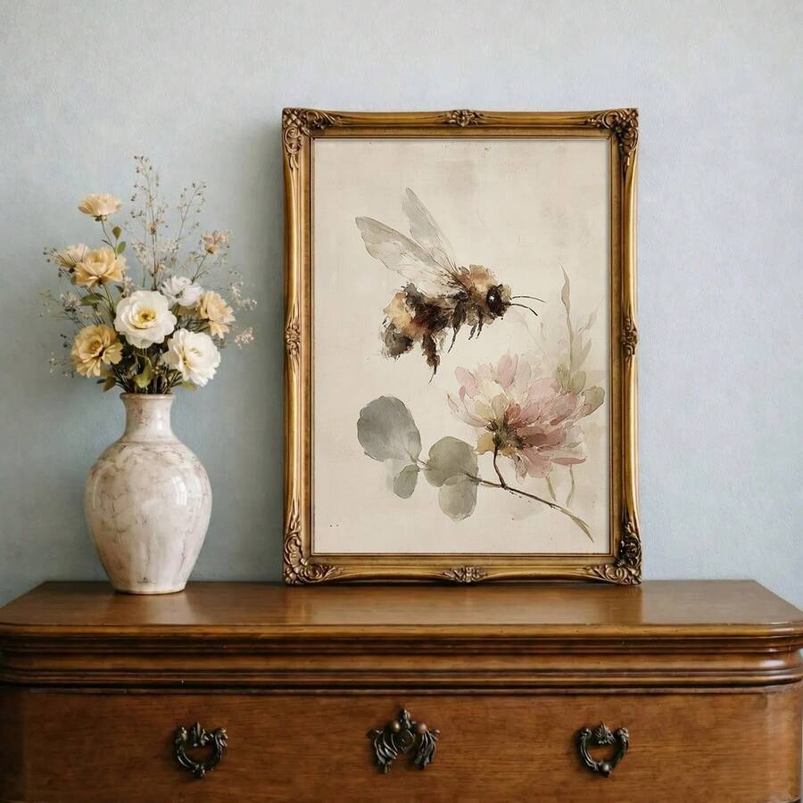 1pc Framed/Unframed Vintage Beed Floral Cottagecore Canvas Poster Cozy Botanical Insect Rustic Wall Art Print Minimalist Farmhouse Decor Retro Scroll Painting For Dorm,Office,Living Room,Modern Home Decoration