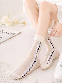 3 Pairs Vintage Floral Pattern Sheer Glass Silk Socks, Sweet & Fashionable, Breathable & Comfortable, Moisture-Wicking, Suitable For Daily Wear, Spring/Summer/Autumn - Multicolor - View 6