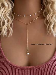 1pc Elegant Faux Pearl Y-Shaped Multi-Layer Necklace, Graceful Style, Suitable For Women To Wear To Work, Dates, Parties And Gatherings - Yellow Gold - View 1