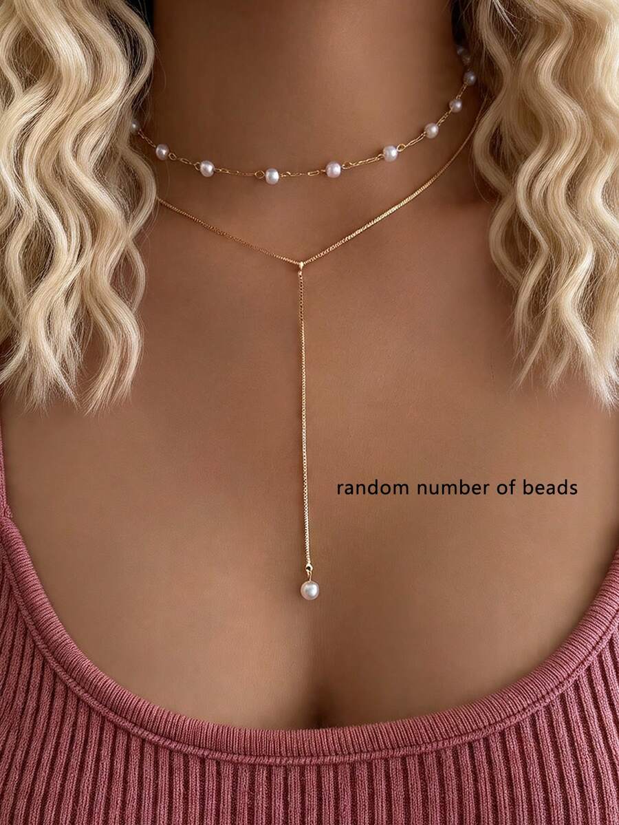 1pc Elegant Faux Pearl Y-Shaped Multi-Layer Necklace, Graceful Style, Suitable For Women To Wear To Work, Dates, Parties And Gatherings - Yellow Gold - View 1