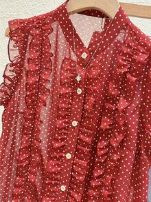 Blusa de mujer de gasa negra con lunares, elegante y romántica con volantes en el bajo - Rojo - Ver 4