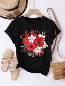 Round Neck T-Shirt With Floral Print, Casual Short Sleeve Top. A Very Distinctive Printed T-Shirt / Unisex Style / Suitable For Both Men And Women / Wrinkle Resistant / Breathable - 黑色 - 查看 12