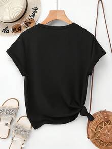Women's Short Sleeve Cotton T-Shirt, Korean Style, Gradient Heart Print - Short Sleeve Round Neck Blouse For Summer, Suitable For Casual Outfits, Regular Fit, Not A Top, Machine Washable / Suitable For - 黑色 - 查看 2