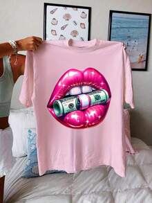 Talla grande, camiseta de mujer tipo  con estampado de labios, estilo europeo y americano, moda de talla grande, cuello redondo y manga corta - Rosa - Ver 6