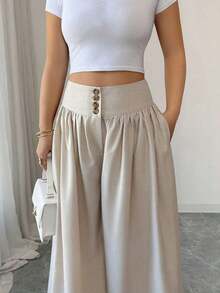 Nuevos pantalones anchos de mujer de estilo casual y elegante con diseño de hebilla floral, color caqui de lino, pantalones largos adecuados para el Día de Acción de Gracias, Halloween, primavera/verano - Albaricoque - Ver 5
