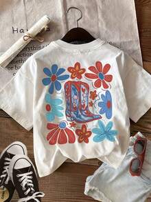 [Double-Sided Printing] Women's Casual Summer Top, Vintage Style, Floral Print, Round Neck, Pure Cotton Short-Sleeved T-Shirt[LingK]-T Shirt Damen - White - View 2
