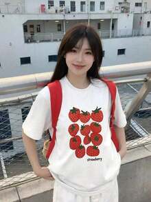 Women's Short-Sleeved T-Shirt, Loose Fit, Casual, Round Neck, Cartoon Tomato Print, White, Spring/Summer. Suitable As A Gift. Women's T-Shirt. Blouses > Elegant. Boho Chic. - 白色 2 - 查看 5