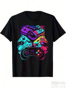 Camiseta de controlador de videojuegos| Camiseta de videojuegos casual, blanca con logo y diseño de botones negros, adecuada para PC, PS, , ropa de videojuegos lavable a máquina, ideal para jugadoras, unisex, camiseta estampada de manga corta para el verano de 2025. - Negro - Ver 1