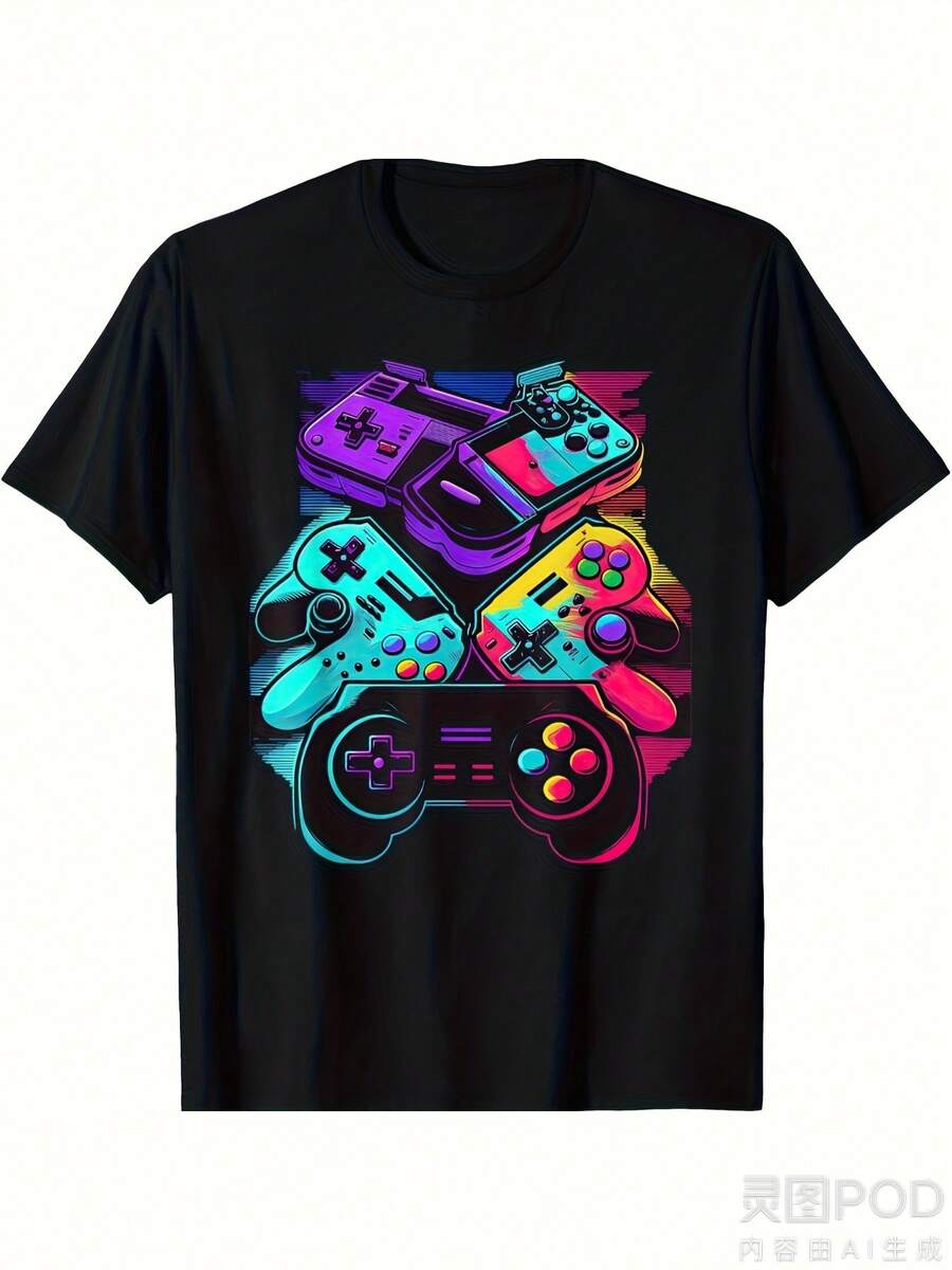 Camiseta de controlador de videojuegos| Camiseta de videojuegos casual, blanca con logo y diseño de botones negros, adecuada para PC, PS, , ropa de videojuegos lavable a máquina, ideal para jugadoras, unisex, camiseta estampada de manga corta para el verano de 2025. - Negro - Ver 1