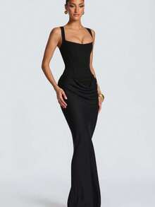 Vestido largo tirantes liso con hueso, manga larga ajustado casual estilo puro elegante mujer - Negro - Ver 4